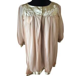 Vintage 60s Champagne Bronze Peignoir Robe Nylon Night Dress Lingerie Set Medium
